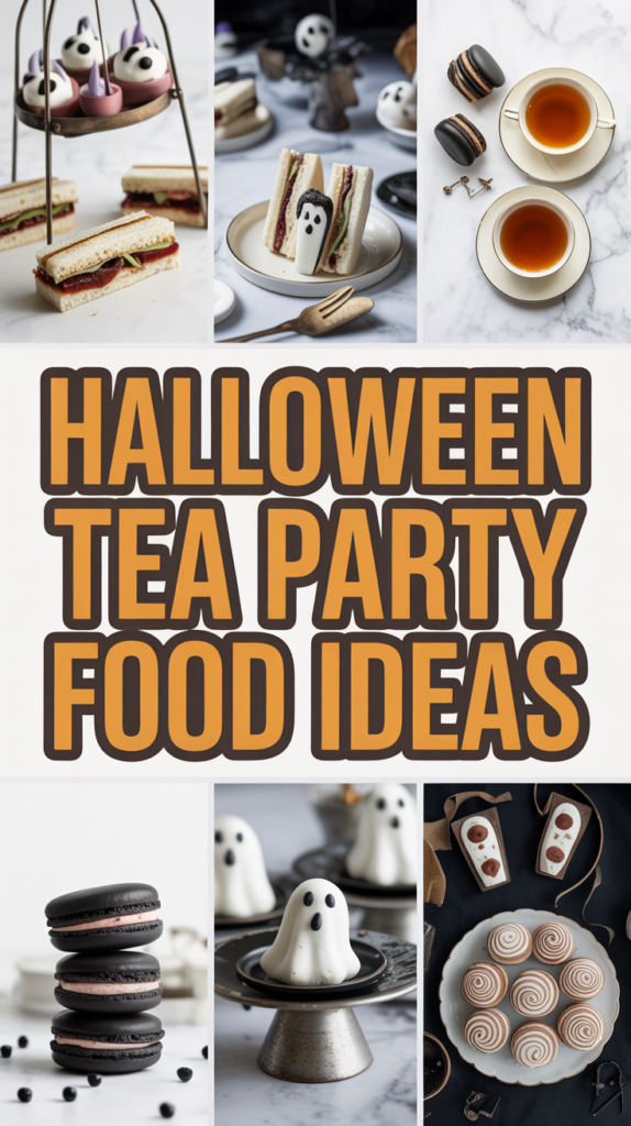 A collage of Halloween-themed snacks and desserts, including ghost-shaped pastries and sandwiches, with bold text "Halloween Tea Party Food Ideas."