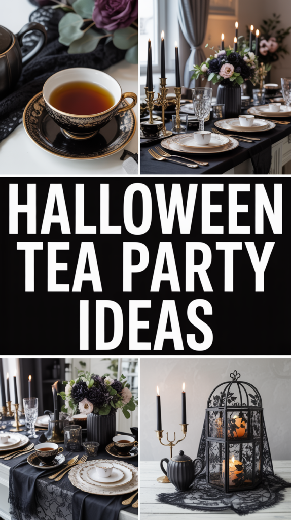 Collage of Halloween-themed tea party setups, featuring dark decor, lit candles, floral arrangements, and a cup of tea.