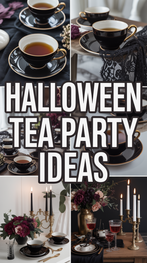A collage featuring black teacups, candles, and dark floral arrangements with the text "Halloween Tea Party Ideas."
