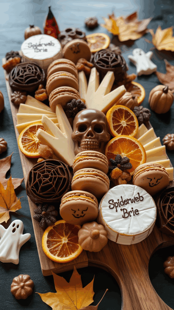 A Halloween-themed charcuterie board featuring a variety of sweets and cheeses. The board includes "Spiderweb Brie" cheese, ghost-shaped chocolates, macarons with jack-o'-lantern faces, chocolate with spiderweb designs, dried orange slices, and a chocolate skull. Autumn leaves and small pumpkins decorate the scene.