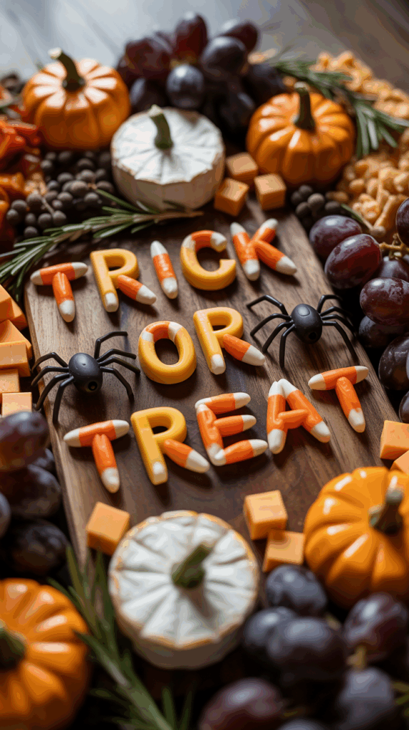 A Halloween-themed charcuterie board with the words 'Trick or Treat' spelled out using candy corn and yellow letters, surrounded by decorative spiders, mini pumpkins, grapes, cheese cubes, and sprigs of rosemary.