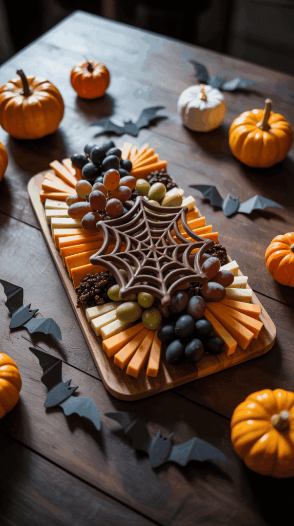 A festive cheese and fruit platter arranged with slices of yellow and orange cheese, clusters of green and red grapes, and a chocolate spider web centerpiece. The platter is surrounded by small pumpkins and black paper bats on a wooden table, creating a Halloween theme.