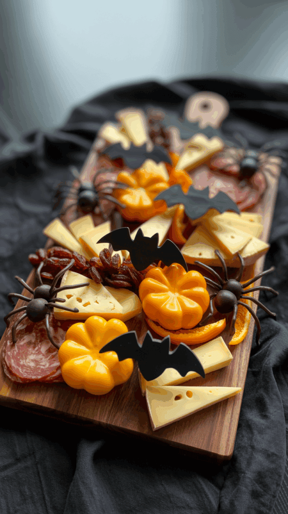 A Halloween-themed charcuterie board featuring cheese wedges, orange mini pumpkins, and slices of cured meat, decorated with plastic bats and spider accessories for a festive touch.
