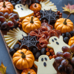 A Halloween-themed charcuterie board featuring mini pumpkins, ghost-shaped cheese slices, salami, grapes, and decorative spiderweb chocolates arranged on a wooden board.