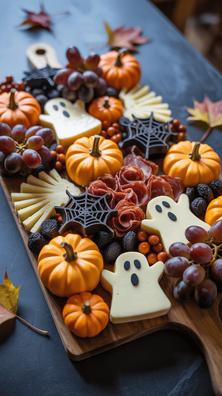 A Halloween-themed charcuterie board featuring mini pumpkins, ghost-shaped cheese slices, salami, grapes, and decorative spiderweb chocolates arranged on a wooden board.