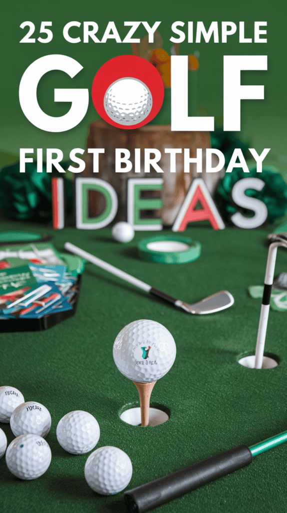 Alt text: "Golf-themed first birthday party ideas with golf balls, clubs, and decorations on a green surface."