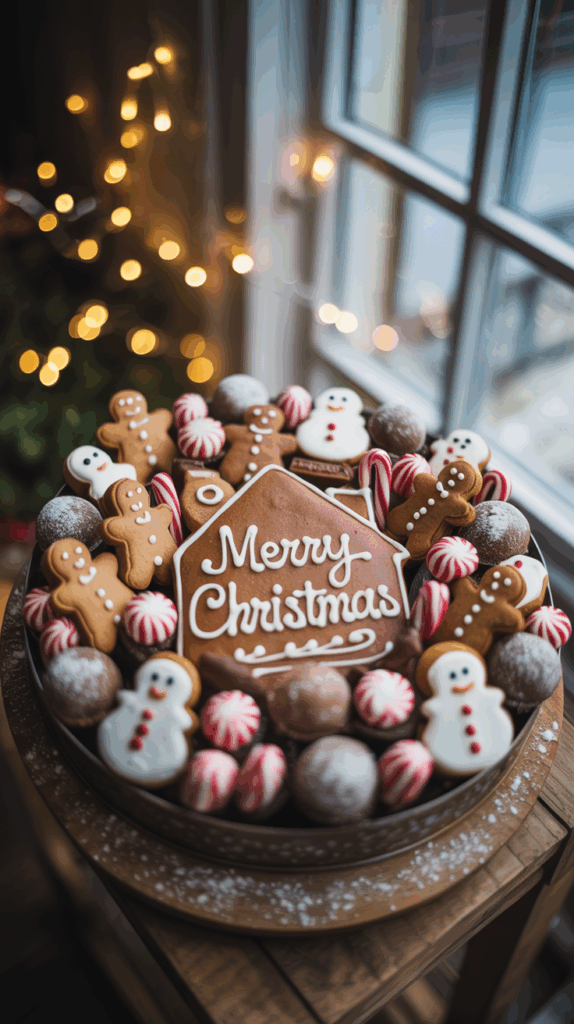 A festive plate featuring a gingerbread house piece with "Merry Christmas" written on it, surrounded by gingerbread cookies, snowman-shaped cookies, peppermint candies, and chocolate truffles, set on a wooden stand with Christmas lights in the background.