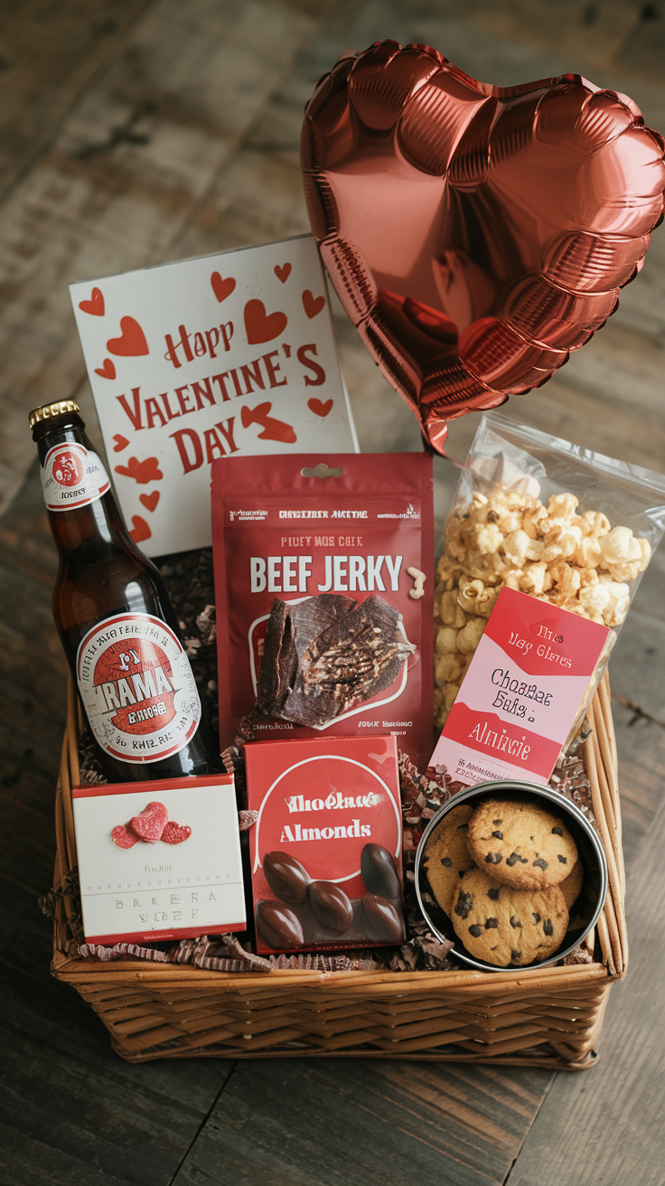 Valentine's Day gift basket with beer, beef jerky, chocolates, cookies, popcorn, and a heart-shaped balloon.