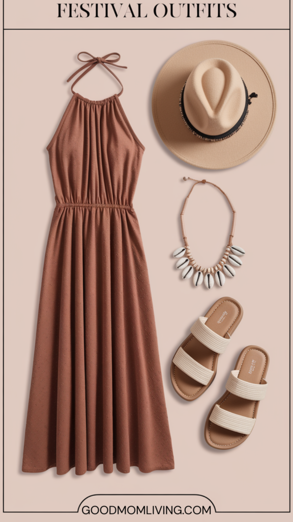 A collage of festival outfits featuring a sleeveless brown dress with a halter neckline, a beige wide-brimmed hat, a necklace with white shell-like beads, and a pair of beige sandals with two straps.