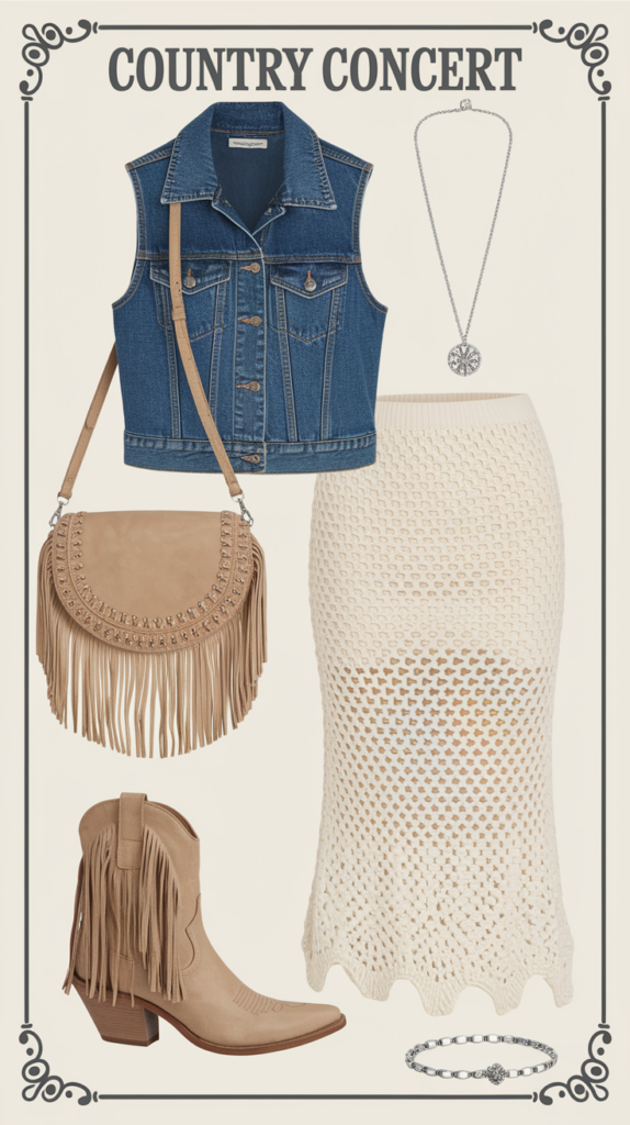 Country concert outfit with a denim vest, beige fringed handbag, knit skirt, fringed cowboy boots, a long necklace, and a bracelet.
