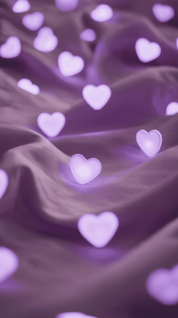 Glowing purple heart-shaped lights scattered on a soft, draped fabric surface.