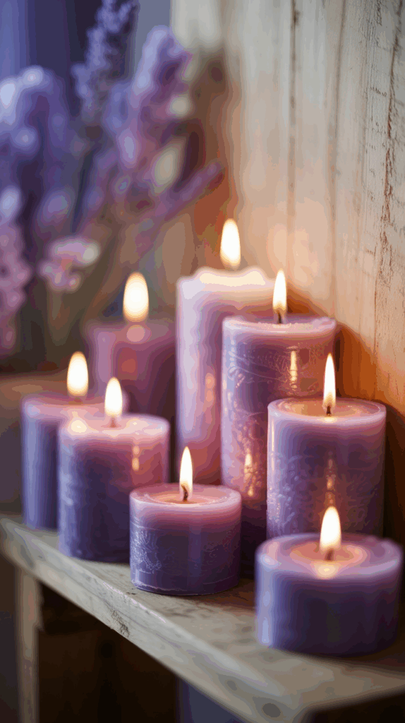 Several lit purple candles of varying heights arranged on a wooden shelf with blurred purple flowers in the background.