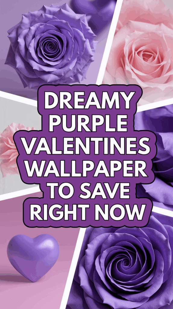 Collage of purple and pink roses with a central text overlay reading 'Dreamy Purple Valentines Wallpaper to Save Right Now.' A purple heart is also included in the design.
