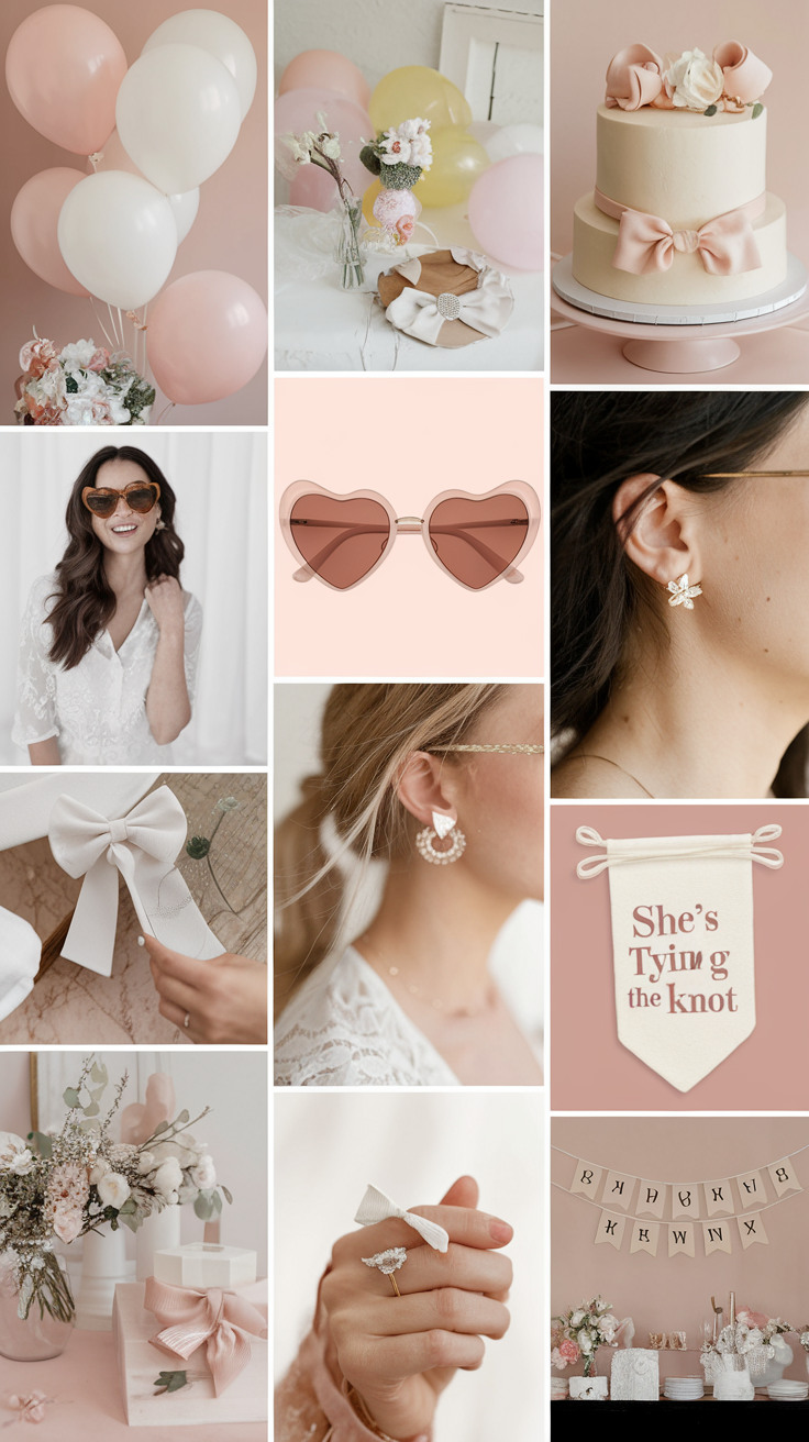 Collage of bridal shower decorations, including balloons, flowers, a cake with bow, heart-shaped sunglasses, earrings, a ring, and a banner reading "She's Tying the Knot".
