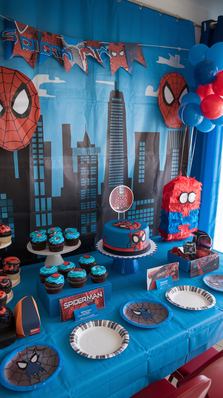 Spider-Man themed birthday party setup with cake, cupcakes, decorations, and balloons.