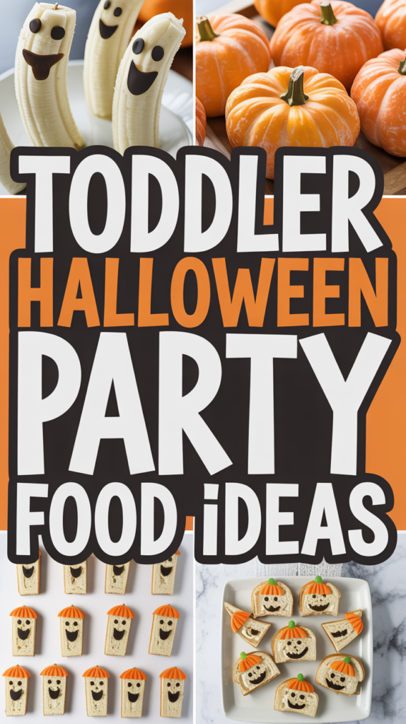 Collage of Halloween-themed snacks for kids featuring banana ghosts and orange pumpkins, with the text "Toddler Halloween Party Food Ideas."