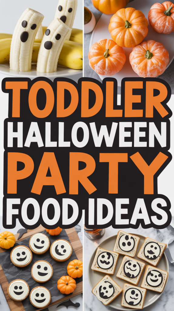 Collage of Halloween-themed foods including banana ghosts, mini pumpkins, and cookies with smiling and spooky faces.