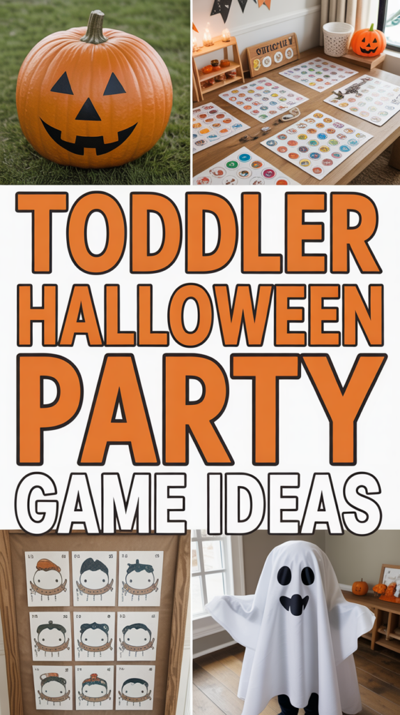 Collage of Halloween-themed toddler game ideas, showing a pumpkin, game cards on a table, a ghost costume, and signage with "Toddler Halloween Party Game Ideas".