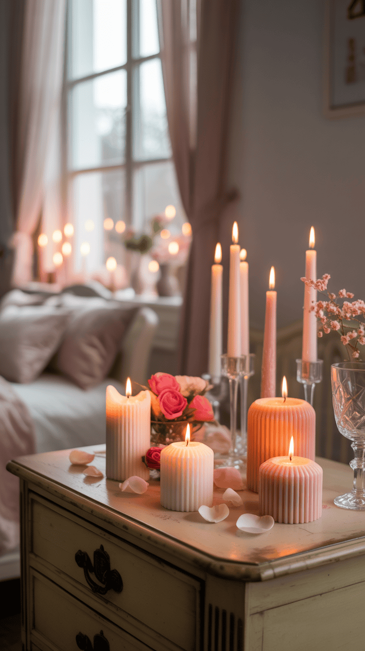 A cozy bedroom scene with lit candles of varying sizes and colors, including pink and white, placed on a wooden bedside table. There are rose petals scattered around and a small vase with pink roses, adding to the romantic ambiance. In the background, a bed with pink pillows and a window with sheer curtains can be seen.