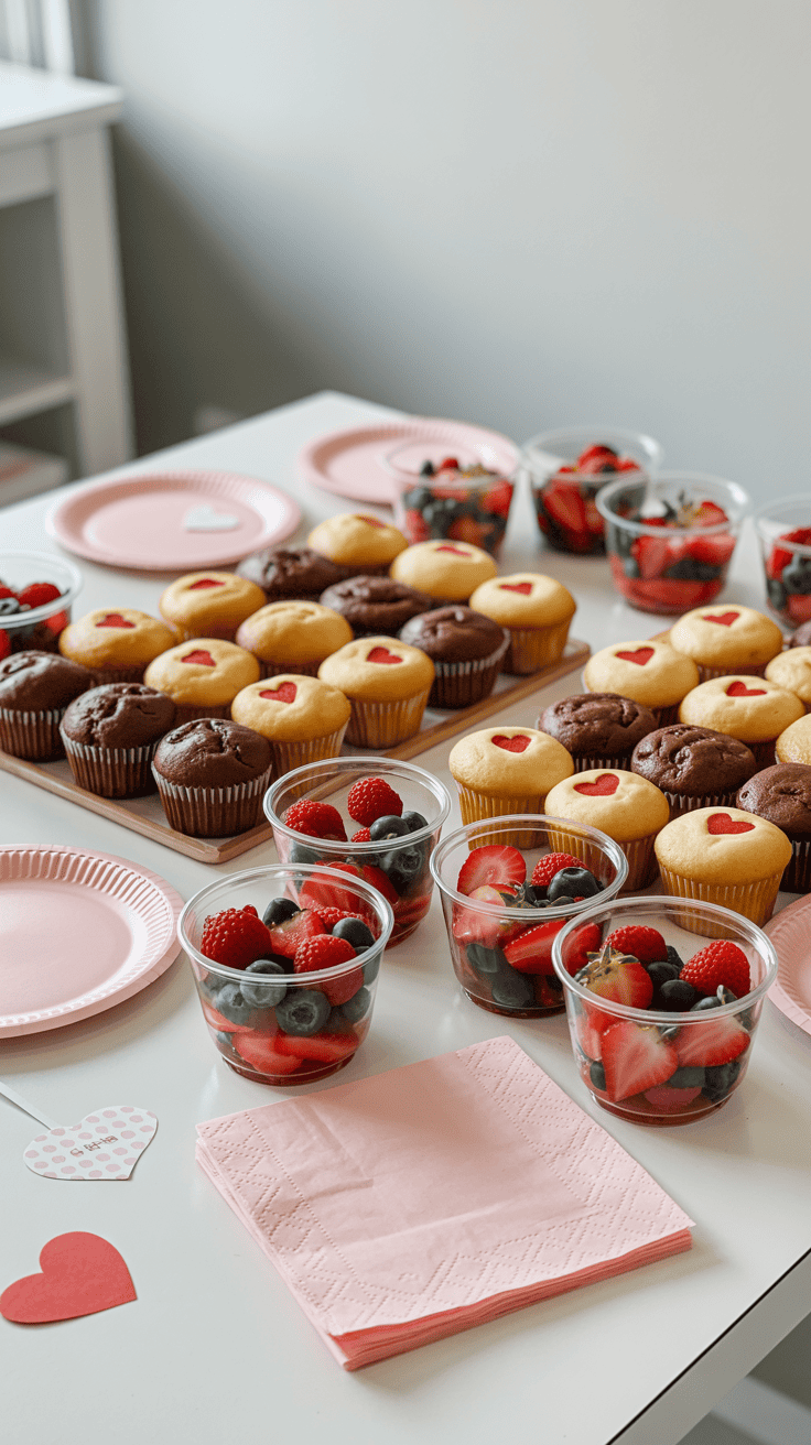 A table set with chocolate and vanilla cupcakes topped with red heart decorations, alongside cups of fresh mixed berries and pink plates and napkins.
