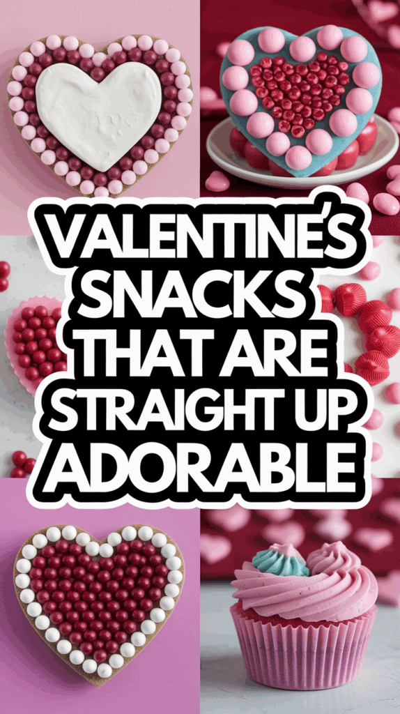 A collage of heart-shaped cookies and a cupcake, decorated with pink and red candies, with the text 'Valentine's snacks that are straight up adorable' in bold letters.