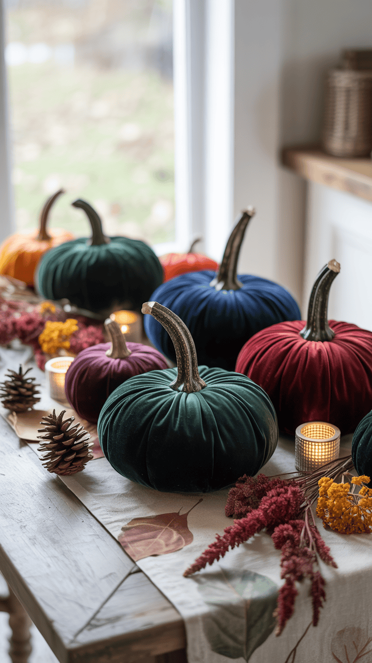 A table decorated with plush velvet pumpkins in green, blue, and red, surrounded by pinecones, small candles, and autumnal foliage, set on a leaf-patterned table runner.