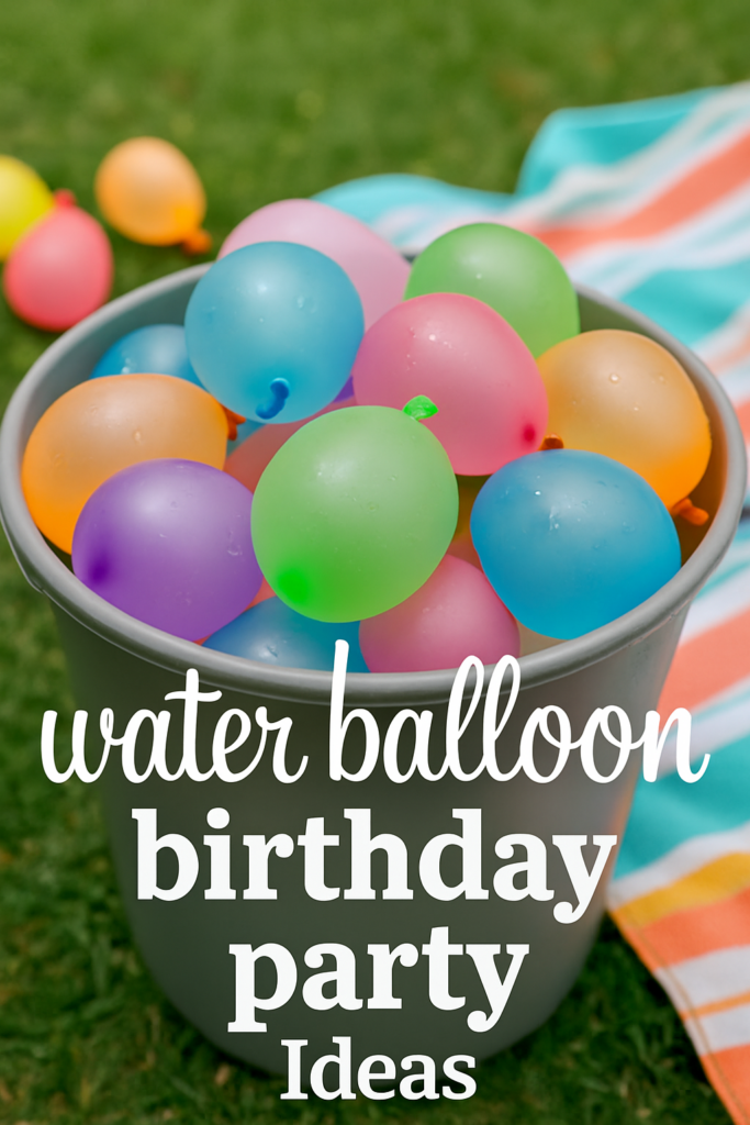 A bucket filled with colorful water balloons on grass, with text: "water balloon birthday party Ideas."