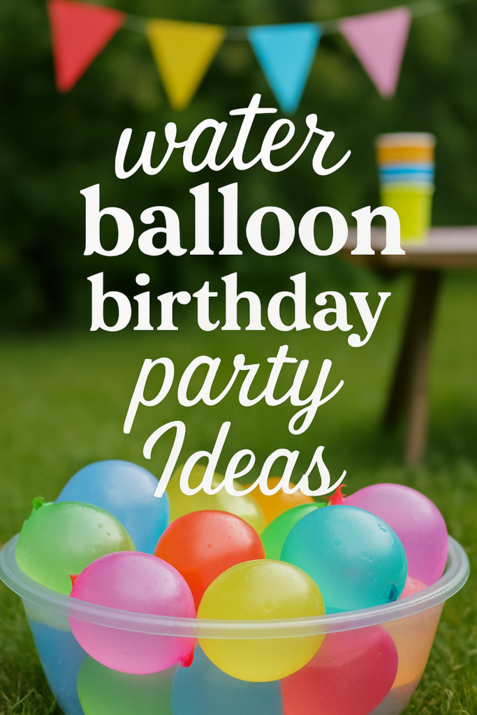 Text reading "Water balloon birthday party ideas" over a bowl of colorful water balloons with a festive background.