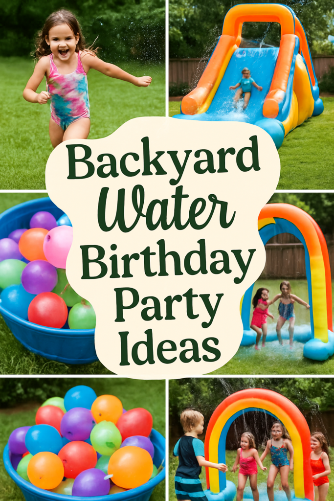 Four children play in a backyard with water toys; large banner reads "Backyard Water Birthday Party Ideas."