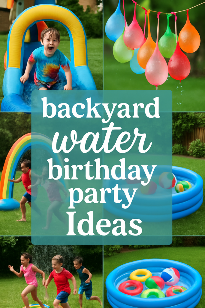 A child runs through a water slide, colorful water balloons hang, kids play in a pool and run under a rainbow arch.