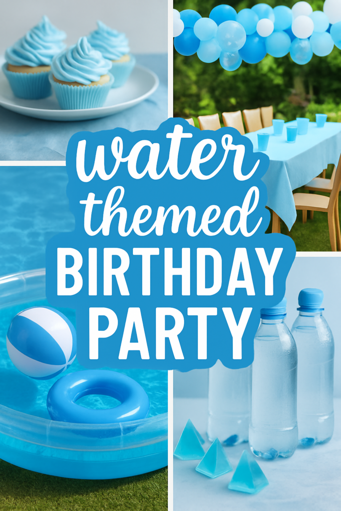 Collage of a water-themed birthday party with blue cupcakes, balloons, pool toys, and water bottles.