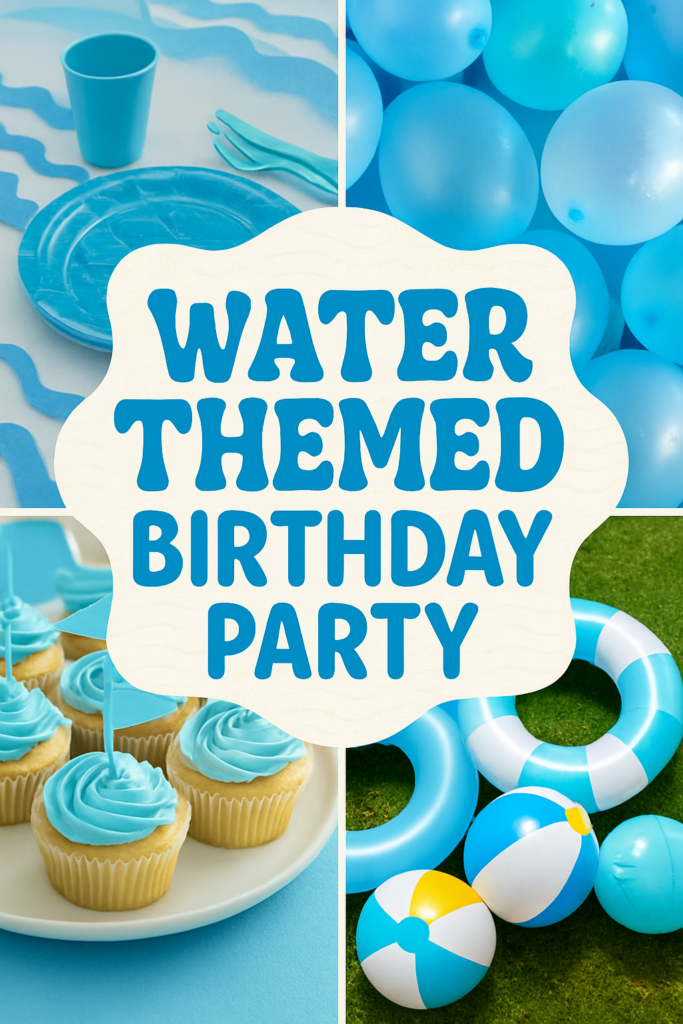 Water-themed birthday party invitation with cupcakes, balloons, and pool toys.