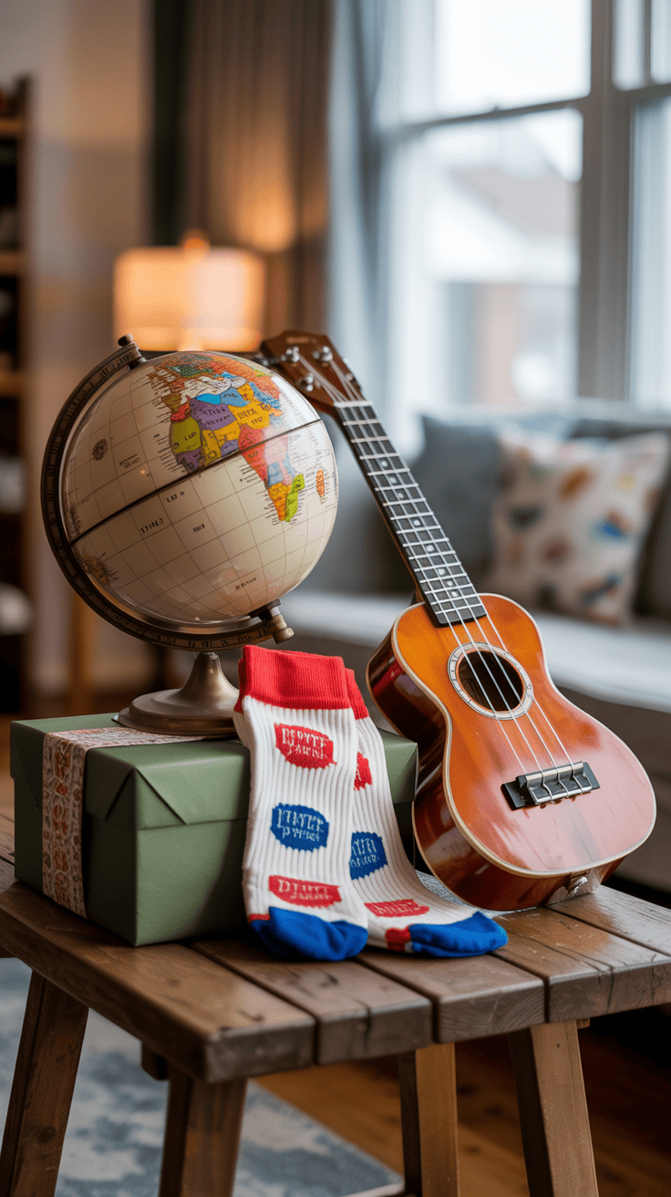A wooden table with a globe, a ukulele, a pair of white socks with colorful patterns, and a green gift box with a decorative ribbon, set in a cozy room with a window and lamp in the background.