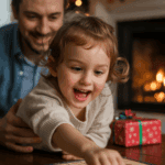 A happy child reaching for a red game piece on a board game, with a smiling adult in the background. A Christmas tree with lights and a lit fireplace are in the background, along with a wrapped gift on a table.
