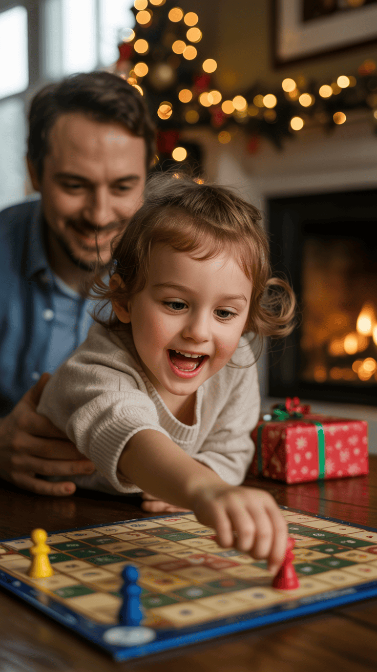 A happy child reaching for a red game piece on a board game, with a smiling adult in the background. A Christmas tree with lights and a lit fireplace are in the background, along with a wrapped gift on a table.