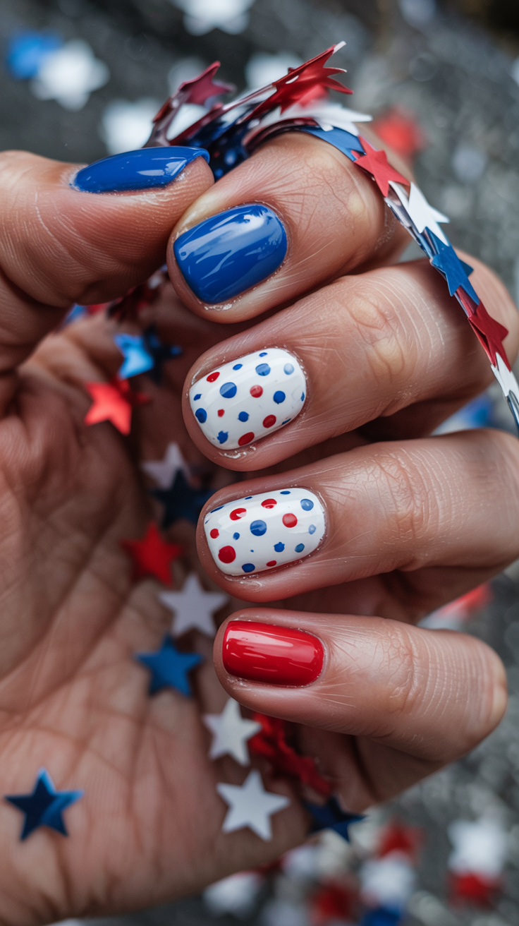 A hand with a patriotic manicure featuring blue, white, and red colors. The fingernails are painted with solid blue and red, while one nail has a white base with red and blue polka dots. The hand is surrounded by metallic star-shaped confetti in red, white, and blue.