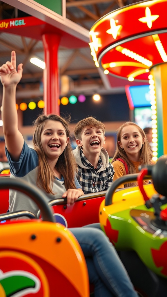 Three happy teenagers on a colorful amusement park ride, with one raising their hand excitedly.