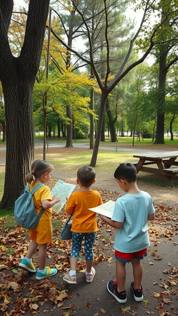 Three children with maps stand on a leaf-covered path in a park, surrounded by tall trees and picnic tables.