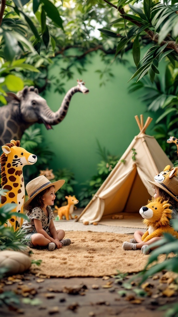 Children playing in a safari-themed birthday setting with animal decorations.