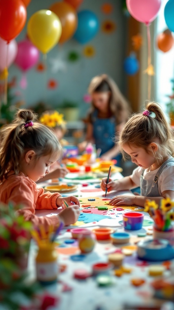 Children engaged in art and craft activities at a birthday party
