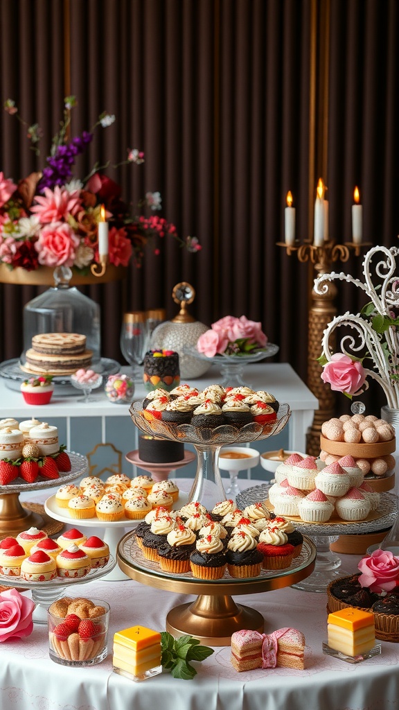 An elegant dessert table displaying a variety of cupcakes, pastries, and cakes, with decorative flowers and candle holders in the background.