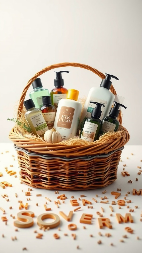 Gift basket with artisan skin care products including lotions and oils.