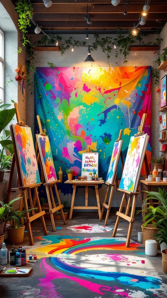 A vibrant art space decorated with colorful fabrics, easels, paint supplies, and plants for a birthday party.