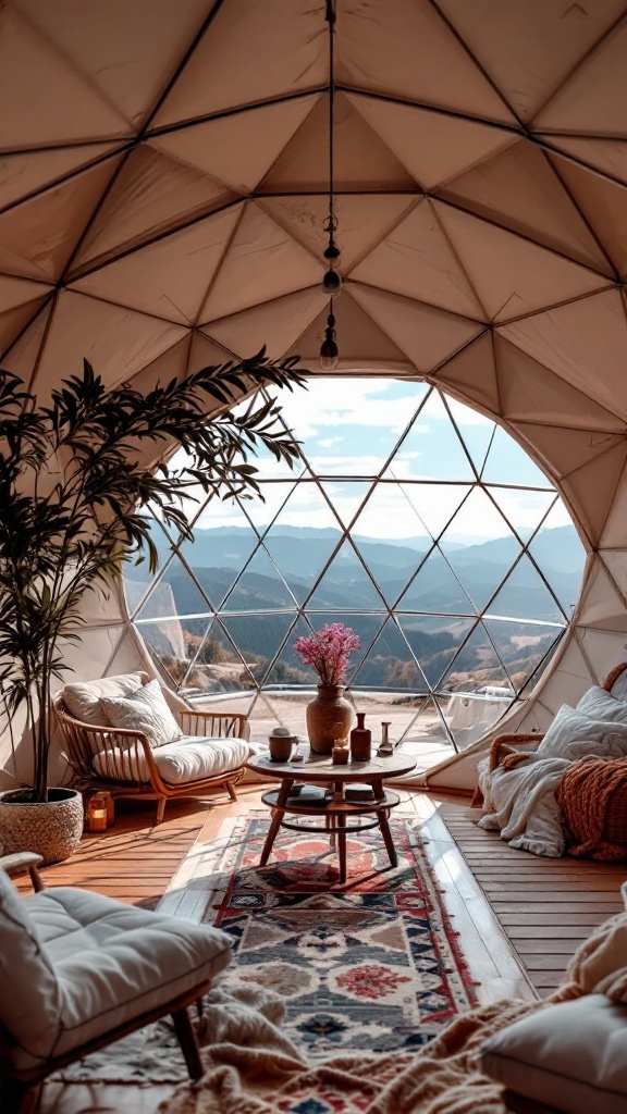 A cozy interior of a glamping dome showing comfortable seating and scenic views.