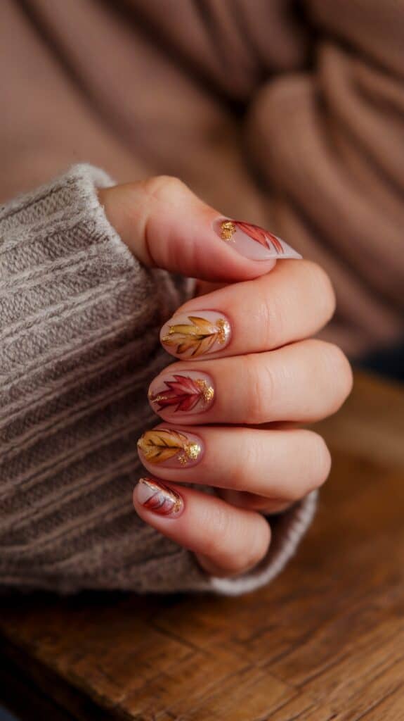 A hand with autumn-themed nail art, featuring red and yellow leaves with gold glitter accents, resting on a wooden surface.