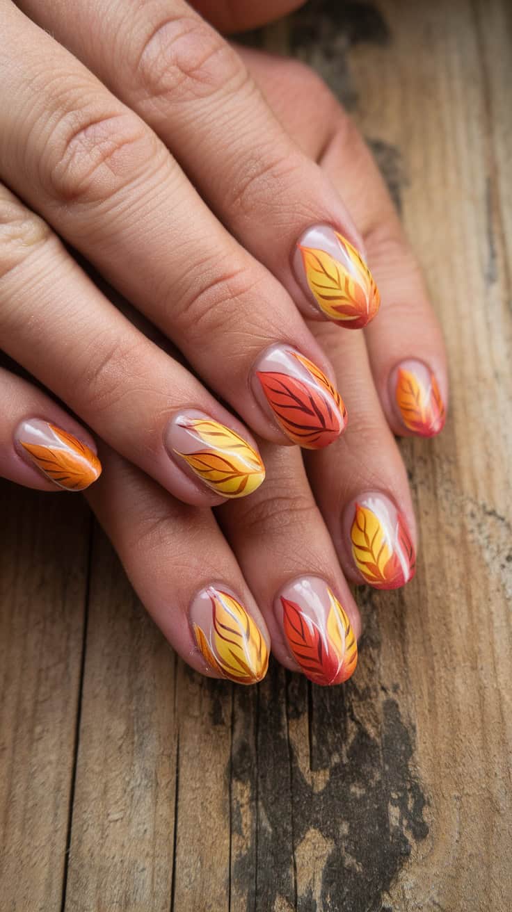 Close-up of hands with nails painted in an autumn-themed design, featuring orange and yellow leaf patterns on a wooden surface background.
