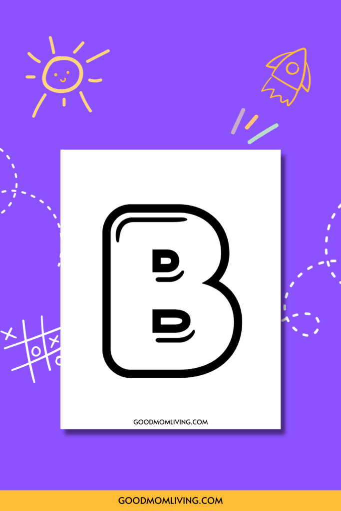 Illustration of a large, bold letter 'B' on a white background with playful drawings including a smiling sun, rocket, and dotted lines on a purple backdrop.