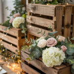 Wooden crates adorned with white and pink flowers, greenery, and warm string lights.