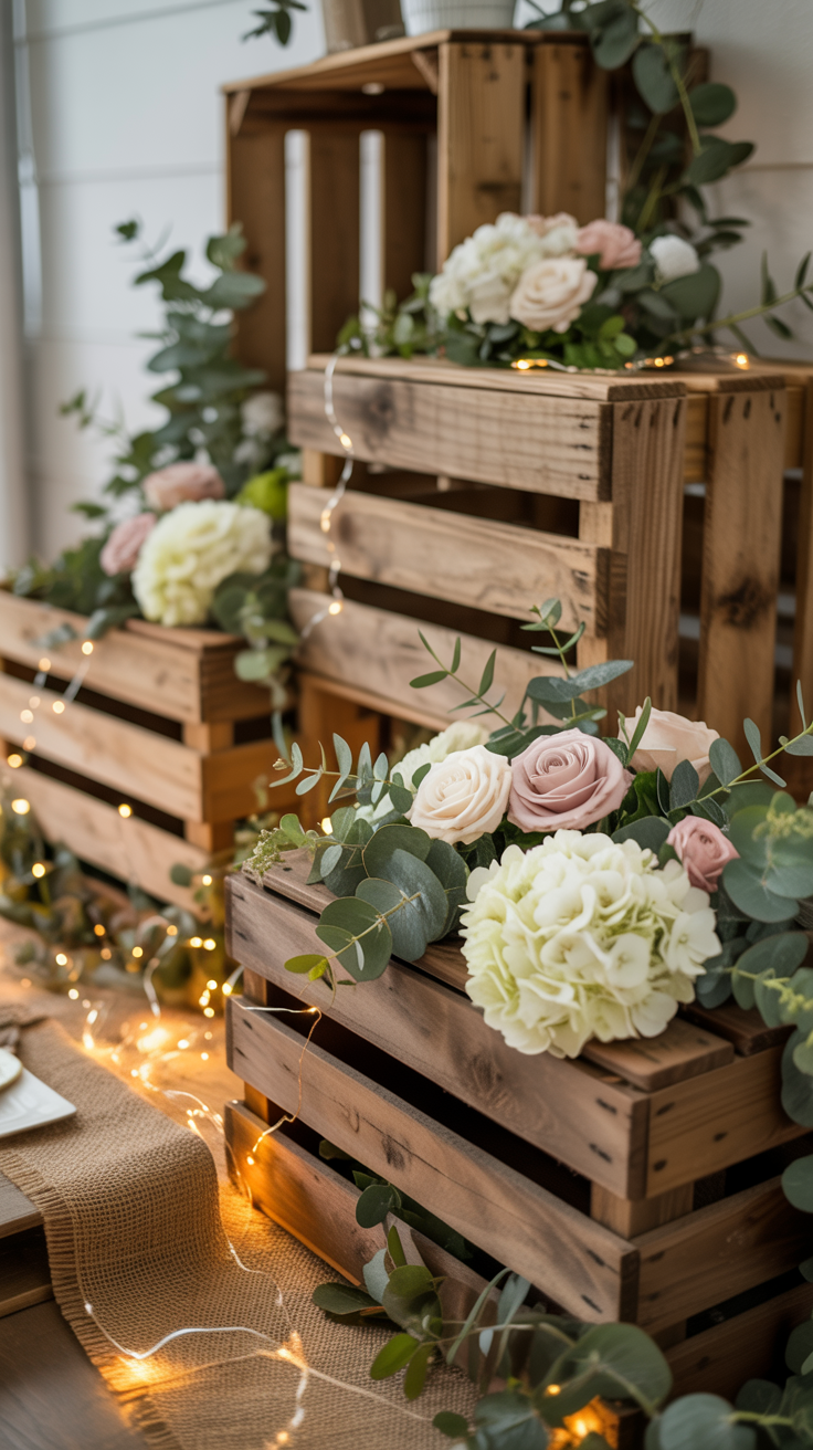 Wooden crates adorned with white and pink flowers, greenery, and warm string lights.