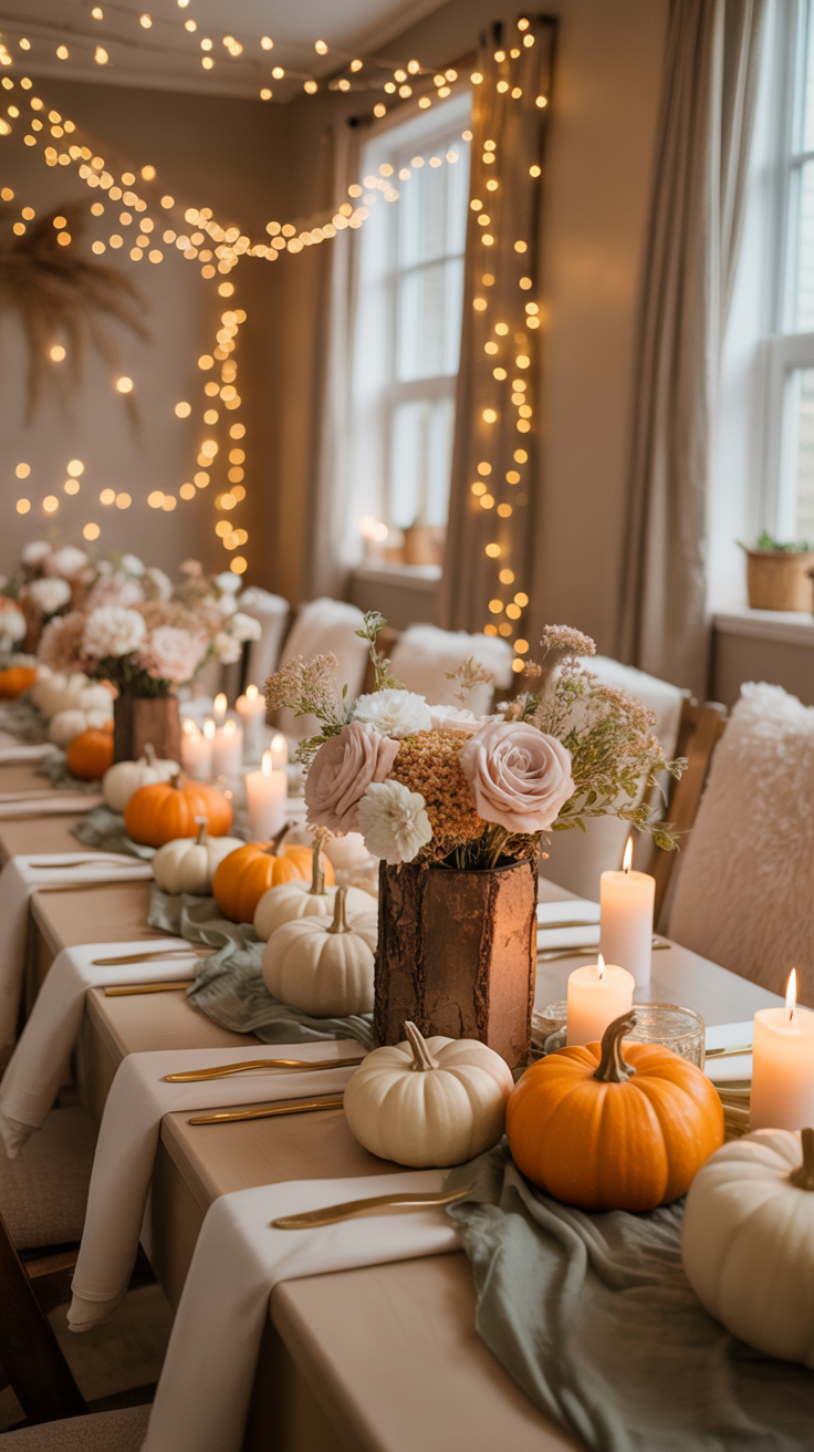 A festive table setting with pumpkins, candles, and floral arrangements, surrounded by glowing string lights.